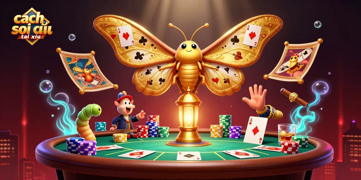 Cách soi cầu tài xỉu with a vibrant casino moth illustration, featuring poker elements and golden enhancements.
