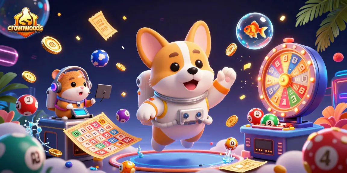 Crownwoods presents a colorful 3D casino scene highlighting card games with vibrant flying elements and playful characters.