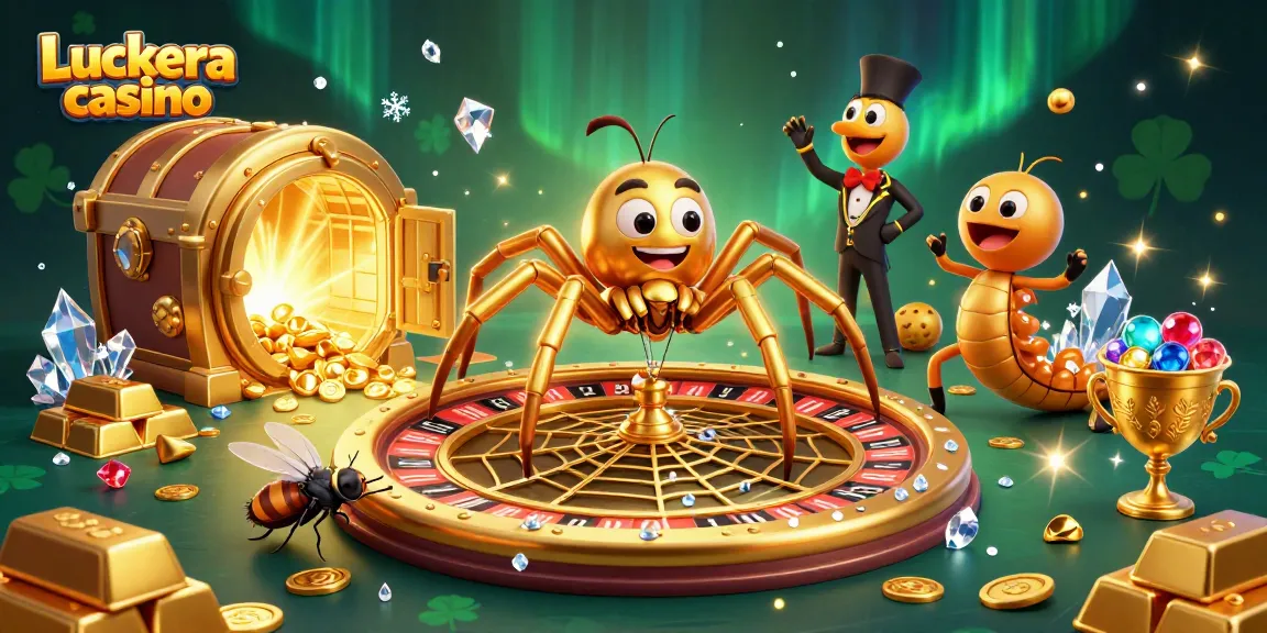 Engage with the Luckera casino through an exciting 3D scene featuring a golden spider and dynamic elements.