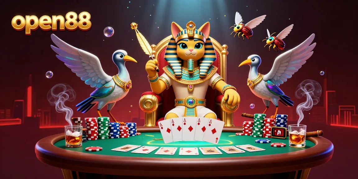 Join the excitement at open88 with a vibrant casino scene featuring a golden throne and poker elements.