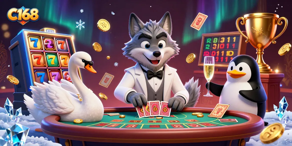 C168 casino scene featuring a debonair wolf and elegant swan playing cards at a baccarat table.