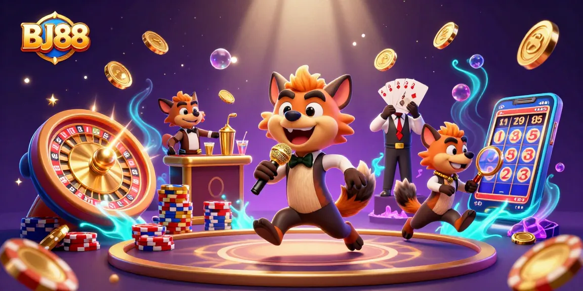 Experience the vibrant BJ88 casino scene with hyenas entertaining at a comedy club.