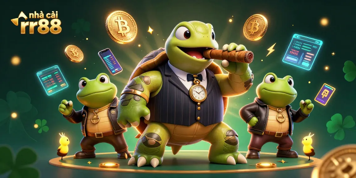 Immerse in the world of nhà cái rr88 with an engaging casino scene featuring a snapping turtle and bullfrogs among vibrant gaming elements.