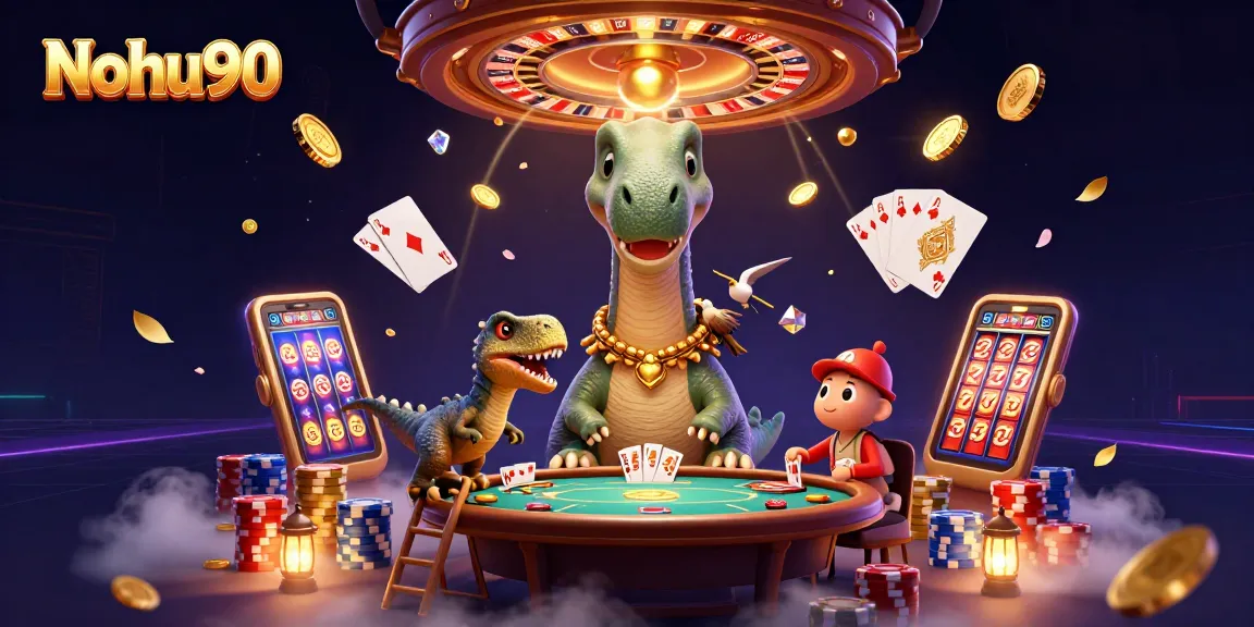 Nohu90 offers an engaging environment with a playful scene of a giant brontosaurus and a clever raptor among vibrant casino elements.