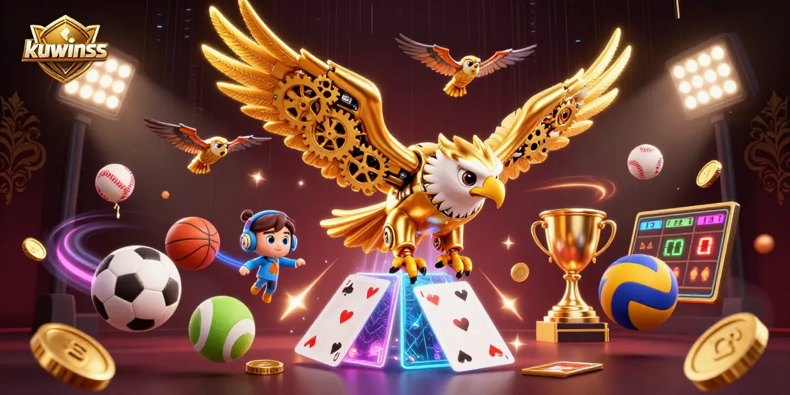 Kuwinss showcases a dynamic illustration of a cybernetic golden eagle amidst a vibrant gambling scene.