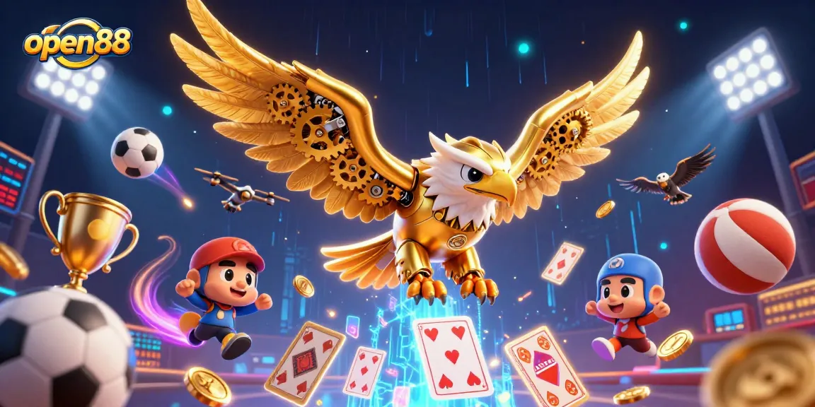 Open88's immersive 3D illustration captivates with dynamic betting elements and a golden eagle.