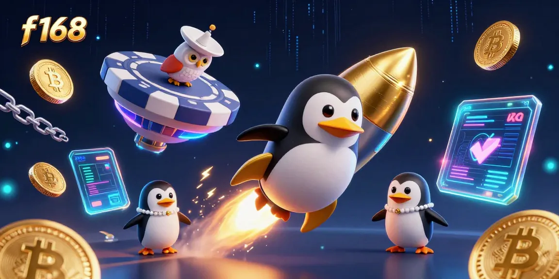 Experience thrilling entertainment at f168 with a lively 3D depiction of a golden penguin on a casino adventure.
