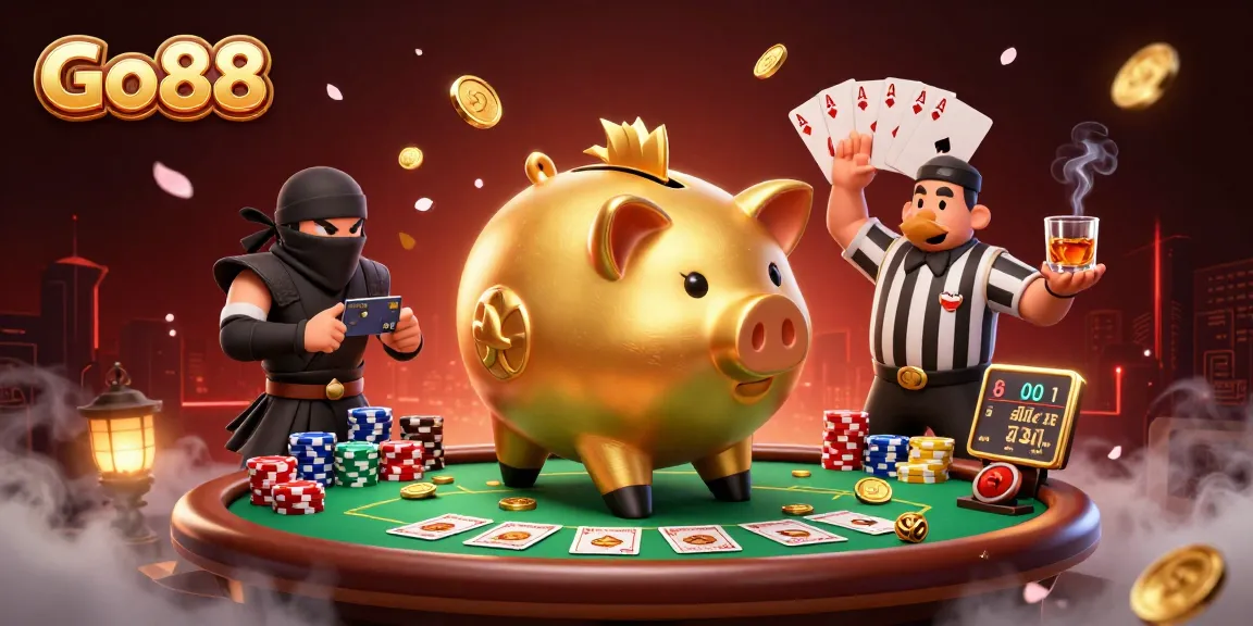 Engage with Go88's exciting poker scene featuring a sumo wrestler, ninja, and samurai referee.