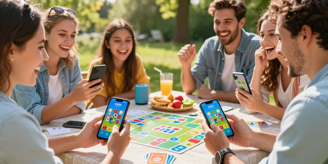 Friends playing the rummy app outdoors, enjoying a fun gaming experience in a lively atmosphere.