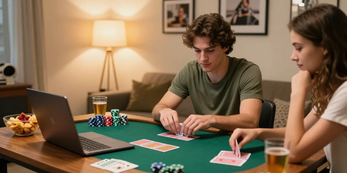 Engaging card game scene with players enjoying poker at home, showcasing chips and cards.