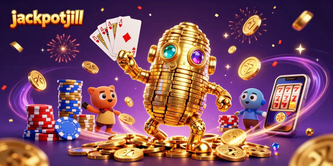 Experience the jackpotjill excitement with golden golems and royal flush cards in a vibrant casino scene.