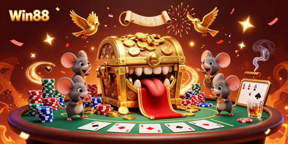 Win88 treasure chest attracts adventurer mice amidst a vibrant casino scene with poker elements.
