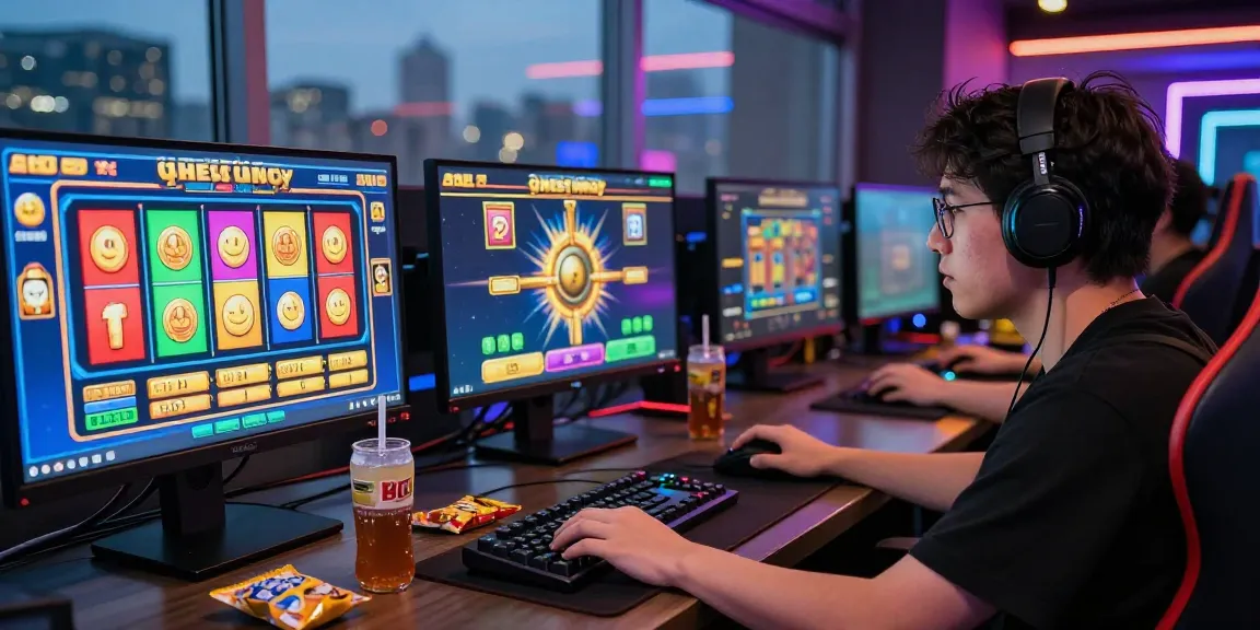 Menampilkan pemain terfokus pada permainan slot jackpot di komputer dengan suasana gaming yang energik.