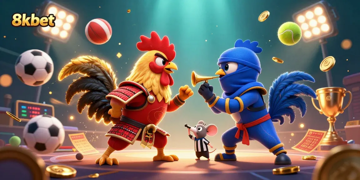 Experience thrilling 8xbet action as cartoon roosters battle in a vibrant gambling showdown.