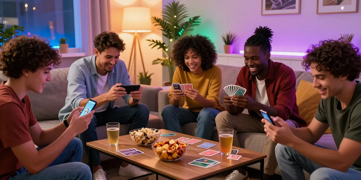 Play now with friends in an exciting online gaming environment featuring card games and vibrant decor.