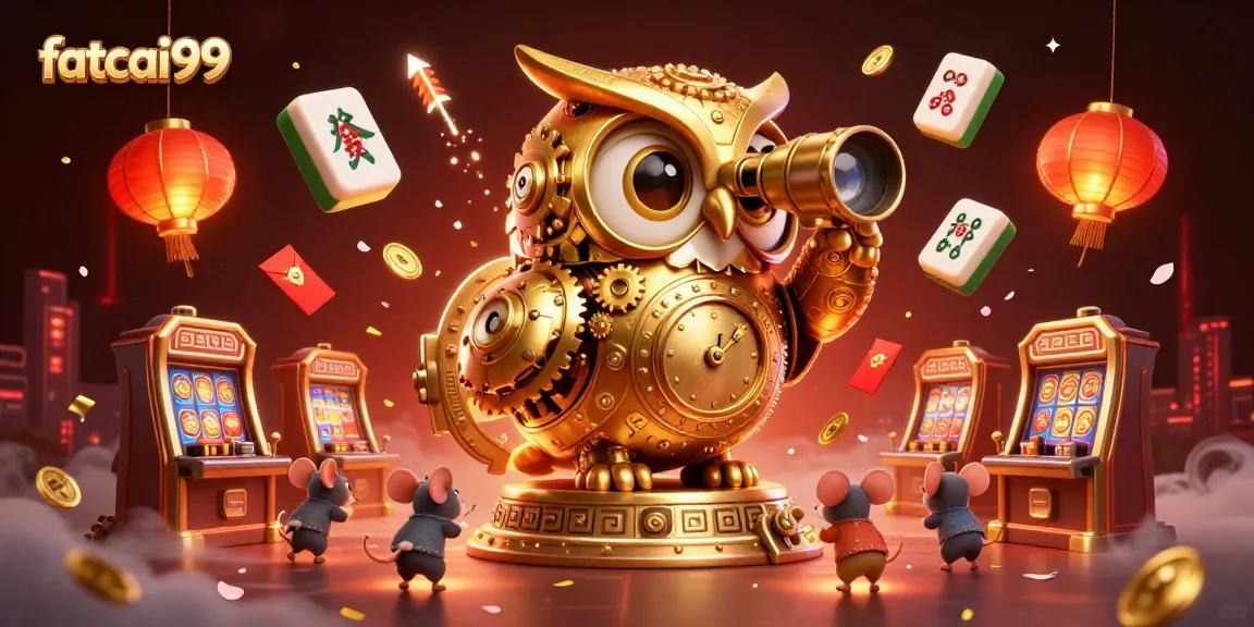 Experience thrill at fatcai99 with 3D clockwork owl and bustling casino atmosphere.