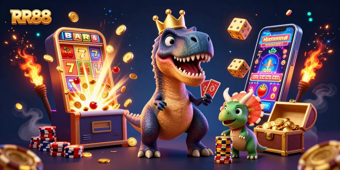 Play exciting casino games at RR88 with a charming T-Rex and friends amidst a jackpot explosion!