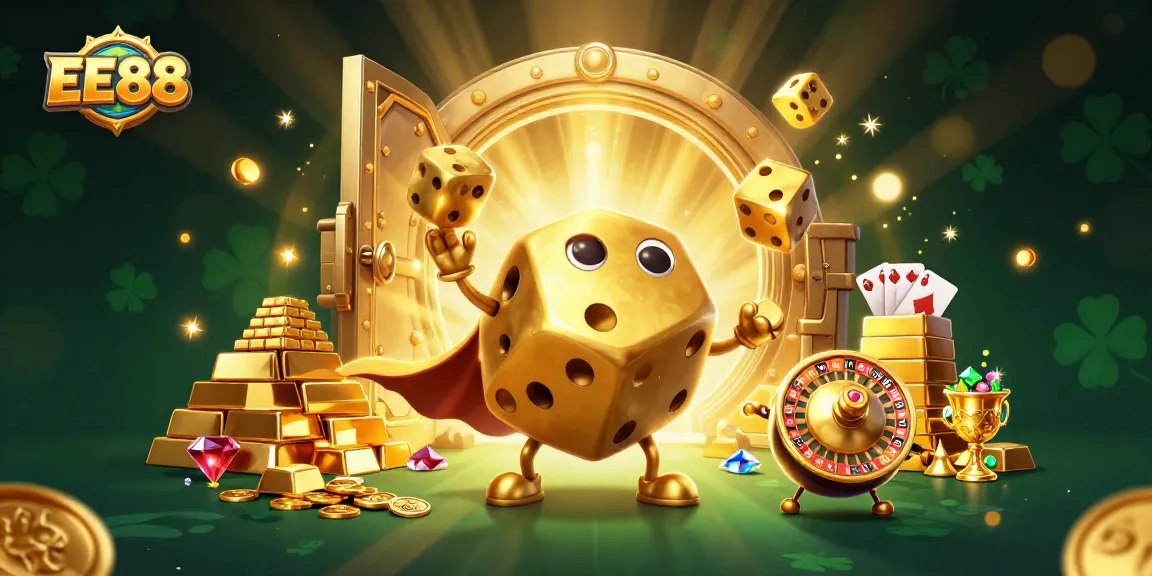 Experience the thrill of EE88 with vibrant golden dice golem and immersive casino elements in a dynamic scene.