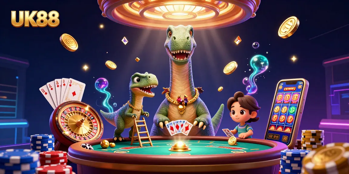 UK88 casino scene featuring a giant cartoon brontosaurus, raptor dealer, and sparkling game elements.