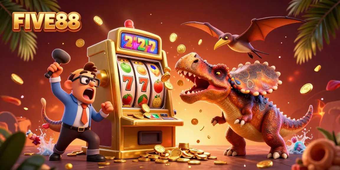 FIVE88's thrilling scene featuring a cartoon pachycephalosaurus causing a jackpot, surrounded by colorful casino elements.