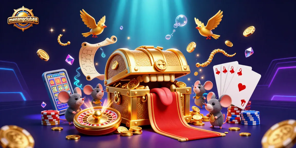 Experience excitement with menangclub88's treasure chest luring adventurer mice amidst cascading coins and slots.