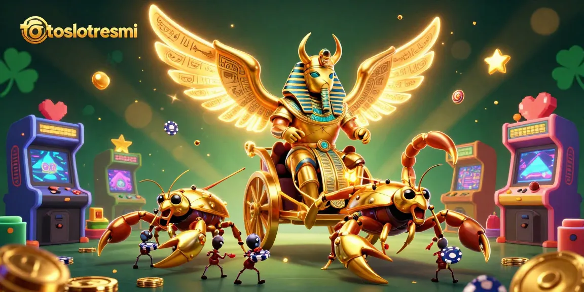 Experience thrilling action with totoslotresmi's colossal golden scarab and scorpion chariot in a vibrant casino setting.