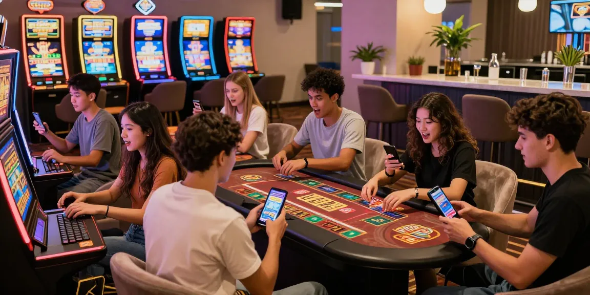 Exciting scene of friends enjoying apk download slots games in a social lounge.