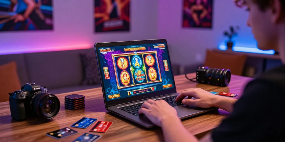 Engaging player exploring online credit card casinos with vibrant game visuals and credit card ready.